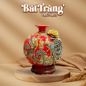 Bình hút lộc Bát Tràng công đào đắp kênh men sứ đỏ đắp nổi vẽ vàng BT-BHL76