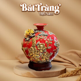 Bình hút lộc Bát Tràng men sứ đỏ đắp nổi vẽ vàng sen hạc BT-BHL77