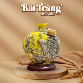 Bình hút lộc Bát Tràng men vàng đắp nổi vẽ vàng công hoa phú quý BT-BHL61