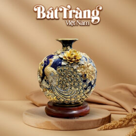Bình hút lộc Bát Tràng men xanh coban đắp nổi vẽ vàng công hoa phú quý BT-BHL60