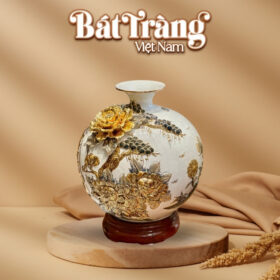 Bình tài lộc Bát Tràng họa tiết công danh phú quý men sứ trắng đắp nổi vẽ vàng BT-BHL65