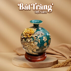 Bình tụ lộc Bát Tràng men xanh ngọc lục bảo đắp nổi hoa phú quý BT-BHL80