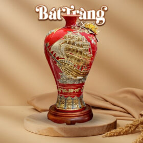 Mai bình tích lộc Bát Tràng men sứ đỏ đắp nổi vẽ vàng thuận buồm xuôi gió BT-MB17