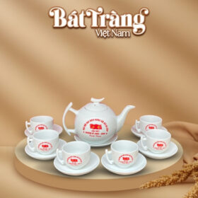 Quà tặng đại hội ấm chén sứ trắng in logo dáng bưởi cành BT-QT93