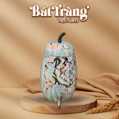 Bình nước Bát Tràng Việt Nam dung tích 3,5 lít dáng bí vẽ đào điểu BT-BN10