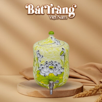 Bình nước Bát Tràng Việt Nam vẽ tay hoa sen dáng đu đủ dung tích 6 lít BT-BN02