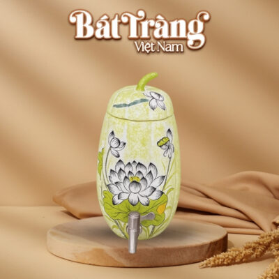 Bình đựng nước Bát Tràng Việt Nam dáng quả bí dung tích 3,5 lít vẽ hoa sen BT-BN05