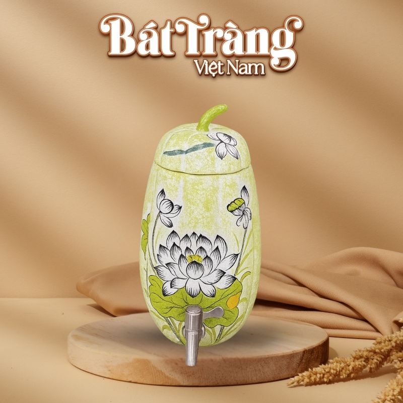 Bình đựng nước Bát Tràng Việt Nam dáng quả bí dung tích 3,5 lít vẽ hoa sen BT-BN05