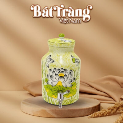 Bình đựng nước Bát Tràng Việt Nam dáng trụ vẽ tay hoa sen BT-BN01