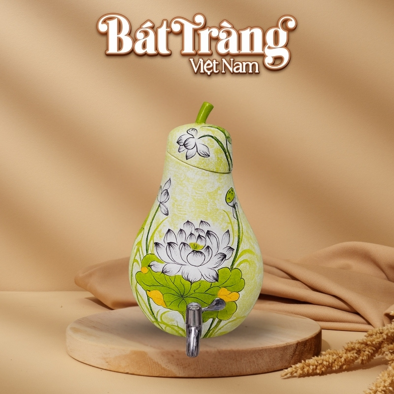 Bình nước gốm Bát Tràng dáng quả lê vẽ tay hoa sen dung tích 4 lít BT-BN03