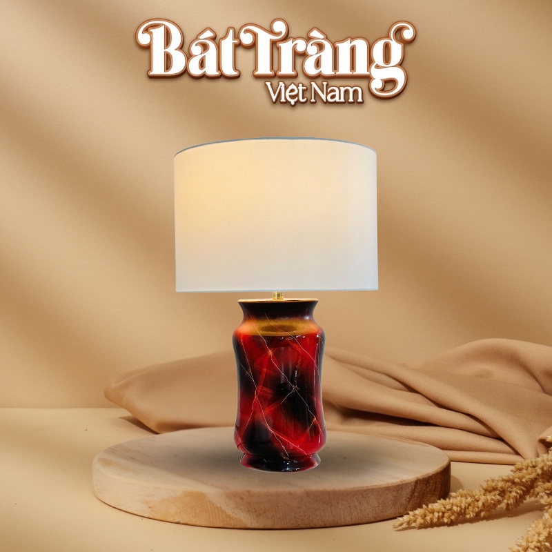 Đèn bàn để ngủ gốm sứ Bát Tràng cao 56cm màu đỏ sẫm BT-DN05