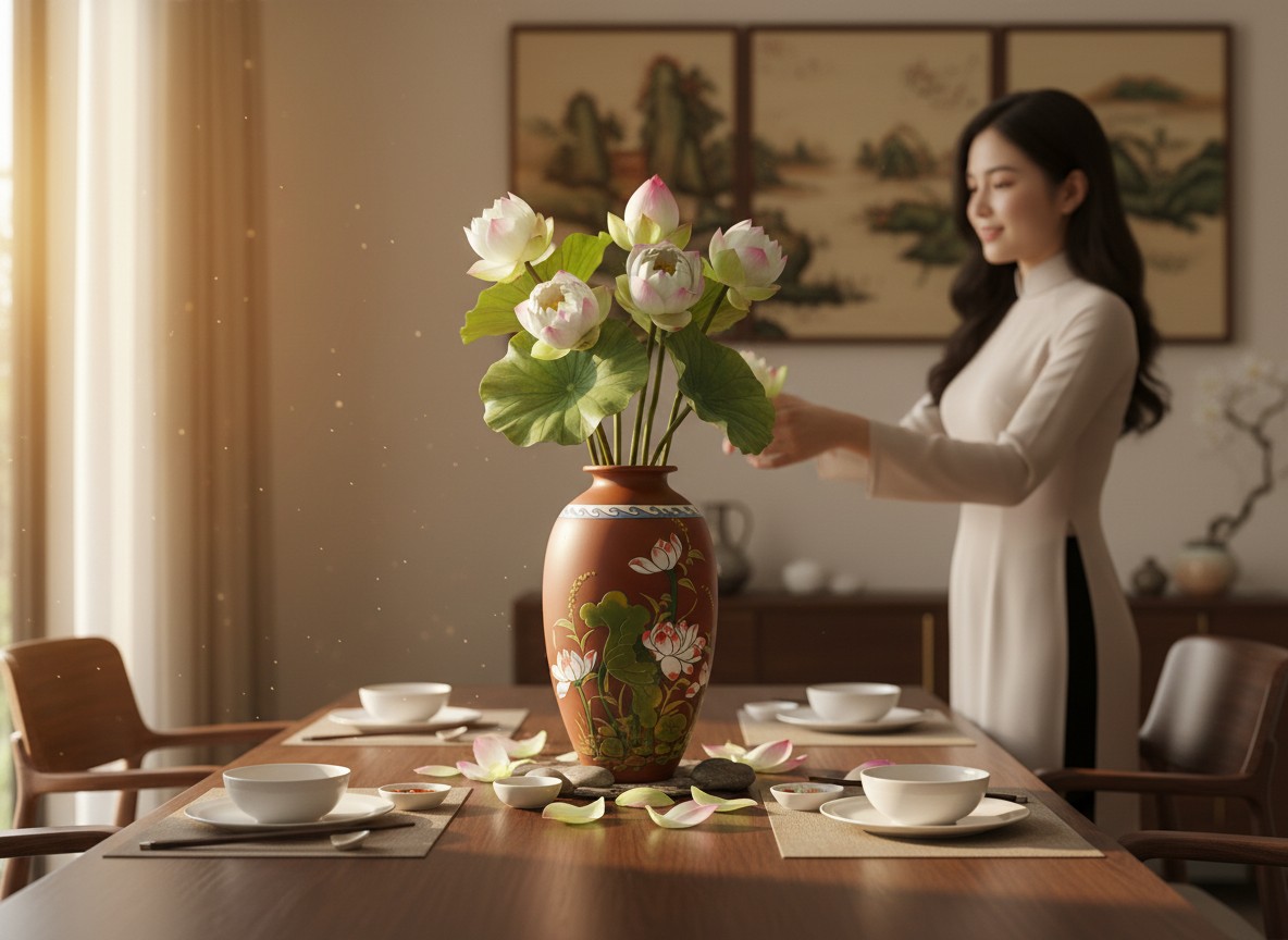 Bình hoa gốm hoa sen 30cm làm tâm điểm trên bàn...