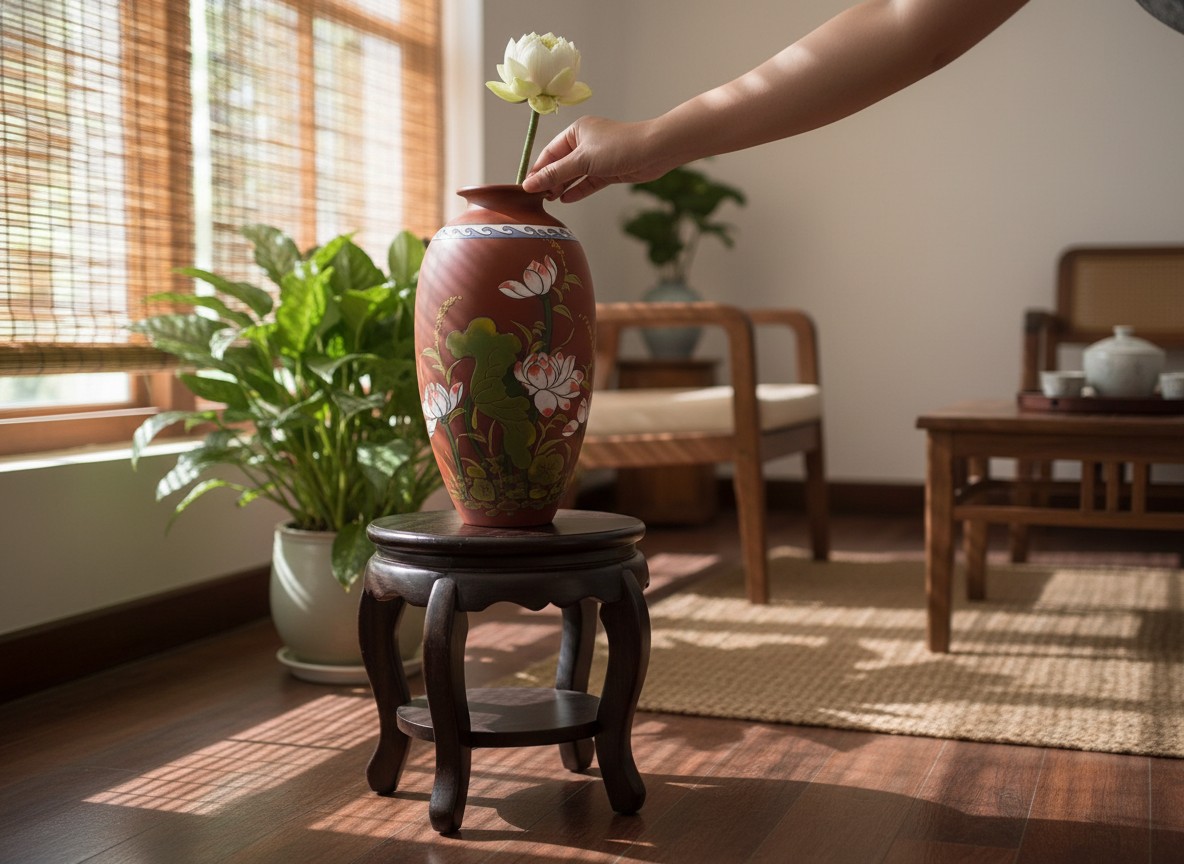 Góc phòng khách Việt Nam yên bình với bình hoa ...