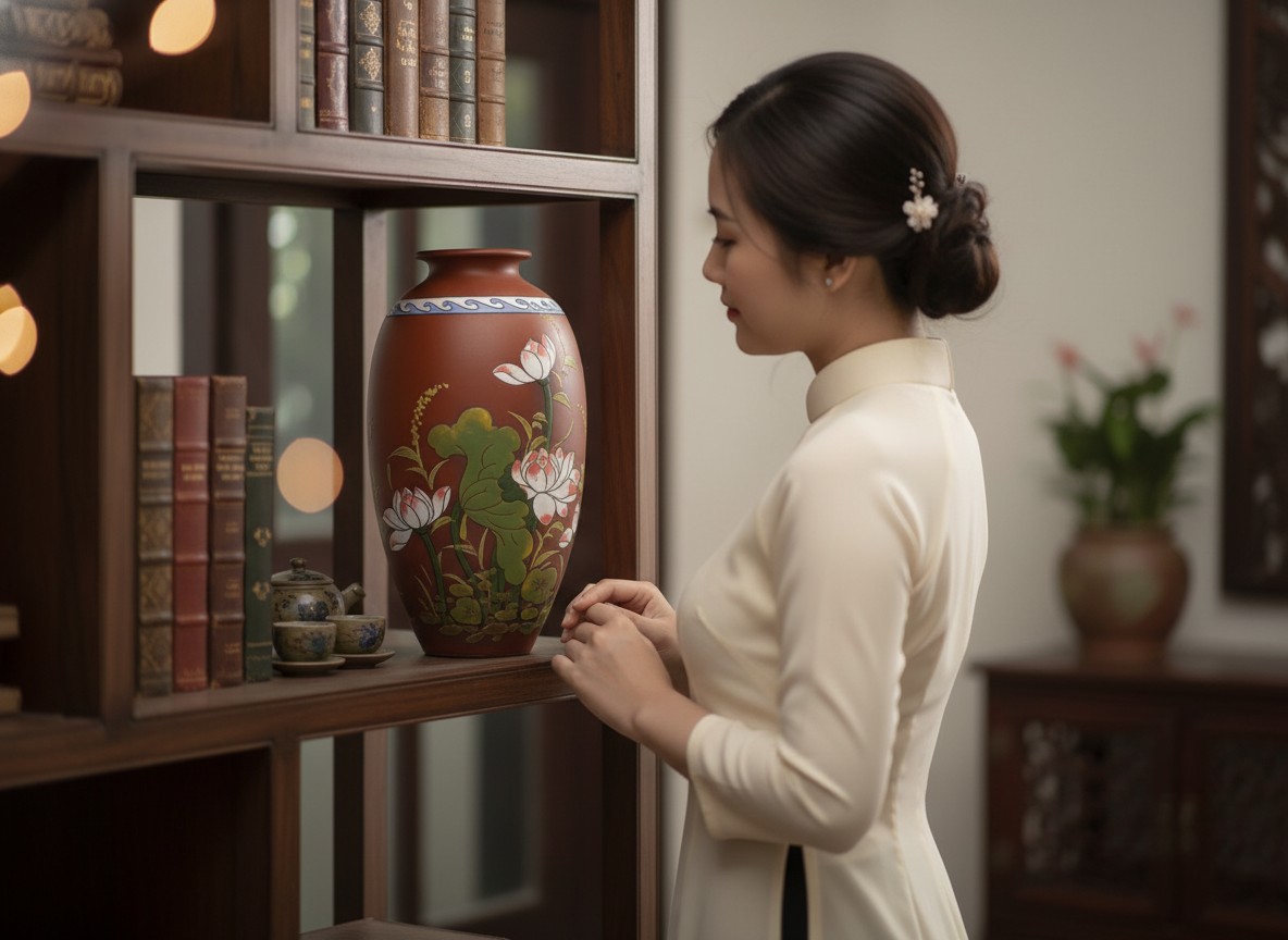 Một phụ nữ Việt Nam nhẹ nhàng ngắm nhìn bình ho...