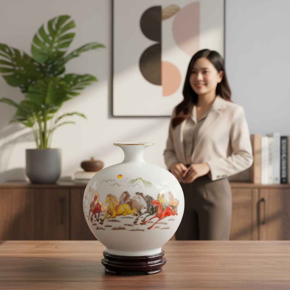 Bình Hút Lộc Gốm Sứ Bát Tràng men trắng cao cấp, vẽ Mã Đáo Thành Công, cao 25cm, viền mạ vàng, chân đế gỗ, trong không gian hiện đại Việt Nam.