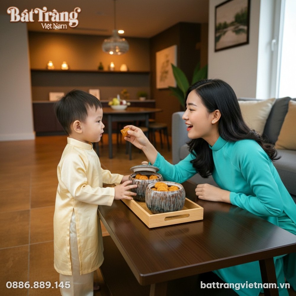 Bộ 3 hũ mứt sứ men hỏa biến Bát Tràng trên khay...