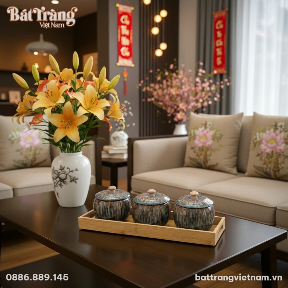 Kích thước Bộ 3 Hũ Mứt Sứ Gốm Bát Tràng Men hỏa biến Kèm Khay gỗ