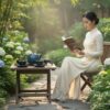 Bộ ấm trà gốm men lam ngọc đặt trên bàn gỗ nhỏ ...