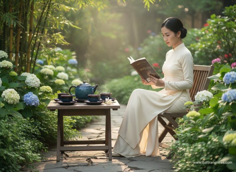 Bộ ấm trà gốm men lam ngọc đặt trên bàn gỗ nhỏ ...