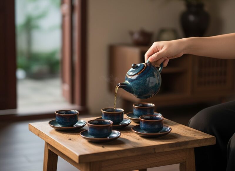 Cận cảnh bộ ấm trà gốm men lam ngọc trên bàn gỗ...