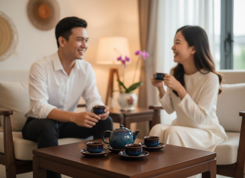 Hai người bạn Việt Nam cười nói vui vẻ bên bộ ấ...