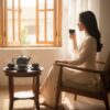 Một phụ nữ Việt Nam trẻ an nhiên thưởng trà bên...
