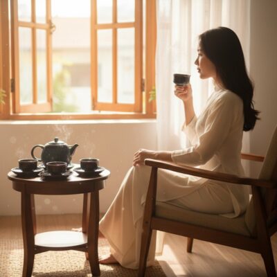 Một phụ nữ Việt Nam trẻ an nhiên thưởng trà bên...
