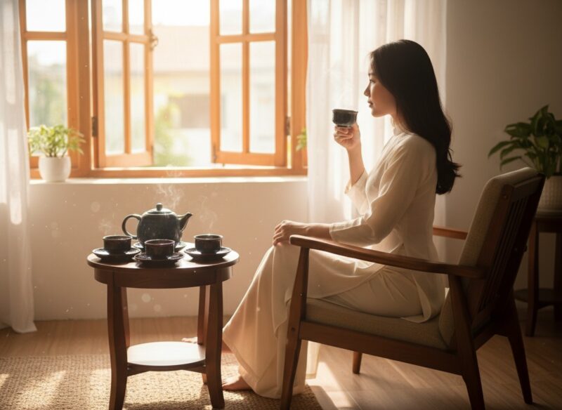 Một phụ nữ Việt Nam trẻ an nhiên thưởng trà bên...