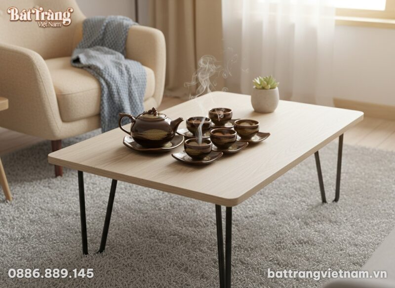 The elegant brown-gold ceramic tea set displaye...