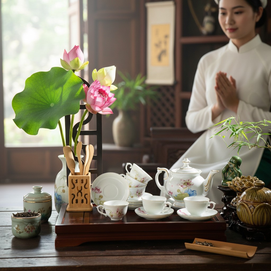 Bộ ấm trà sứ hoa sen viền vàng nổi bật trên bàn...