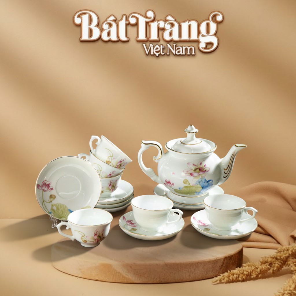 Bộ Ấm Trà Sứ Hoa Sen Viền Vàng Hoàng Gia