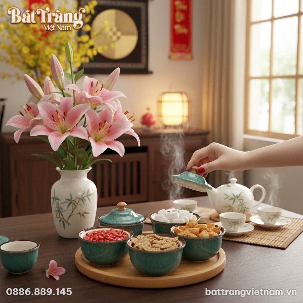 Không khí Tết Việt Nam ấm cúng, bộ khay mứt Bát...