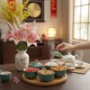 Một khay mứt với đầy ấm bánh kẹo, được để bên c...