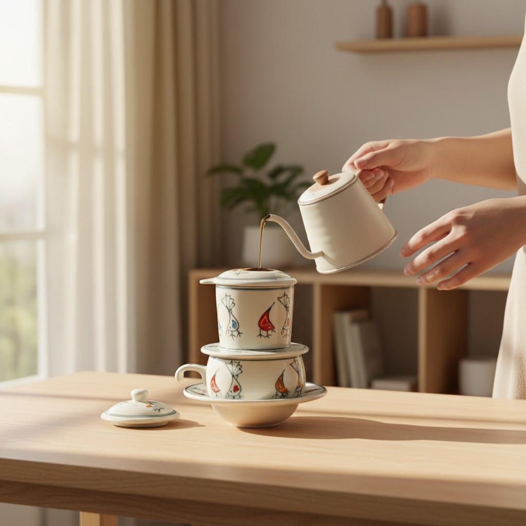 Một bộ phin cà phê Bát Tràng cao 15cm với họa t...