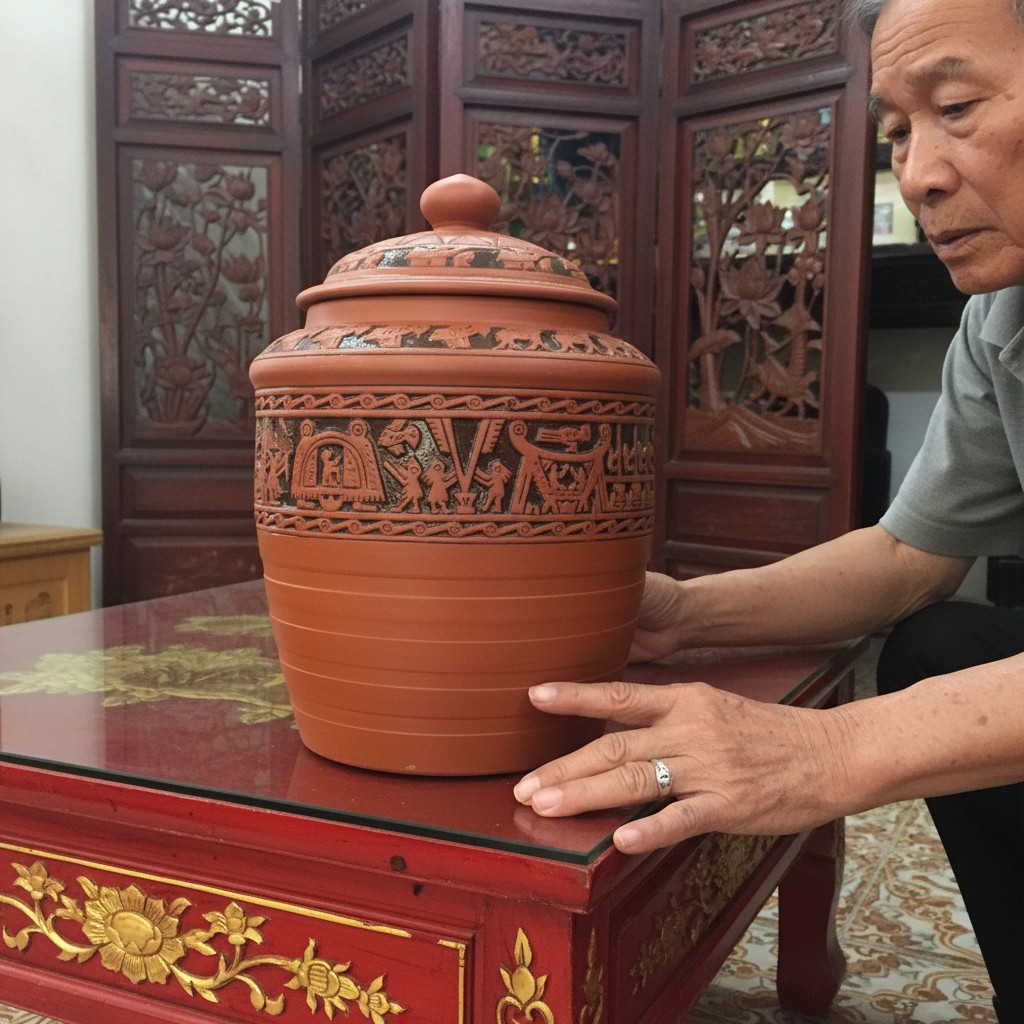 Góc cận cảnh một chóe gốm khắc nổi tinh xảo, th...