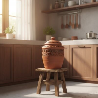 Một chóe gốm khắc nổi lớn, màu nâu đỏ tự nhiên,...