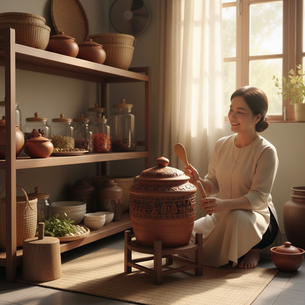 Một chóe gốm khắc nổi độc đáo, với màu nâu đỏ t...