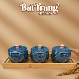 Khay mứt sứ Bát Tràng men hỏa biến xanh - Set 3 hũ mứt kèm khay gỗ BT-KM16