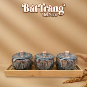 Bộ 3 Hũ Mứt Sứ Gốm Bát Tràng Men hỏa biến Kèm Khay gỗ BT-KM17