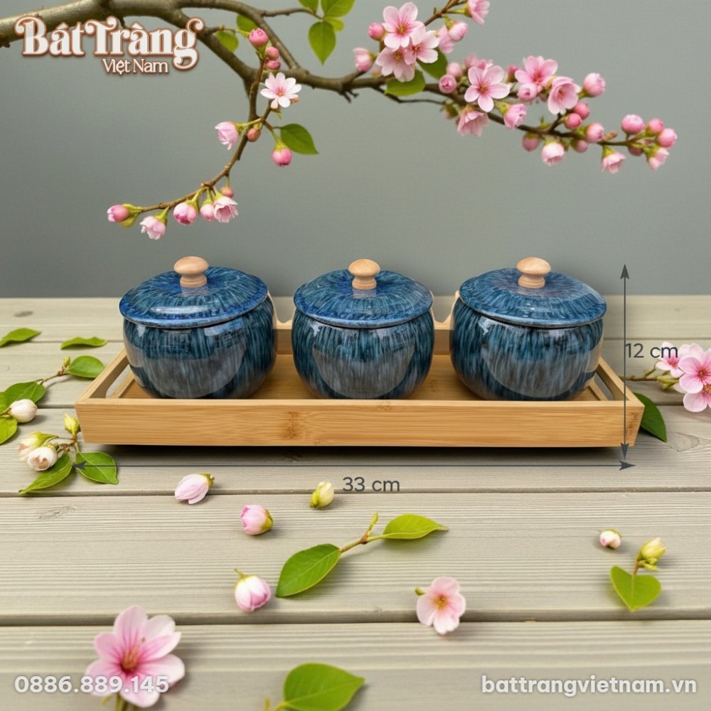 Kích thước Khay mứt sứ Bát Tràng men hỏa biến xanh - Set 3 hũ mứt kèm khay gỗ