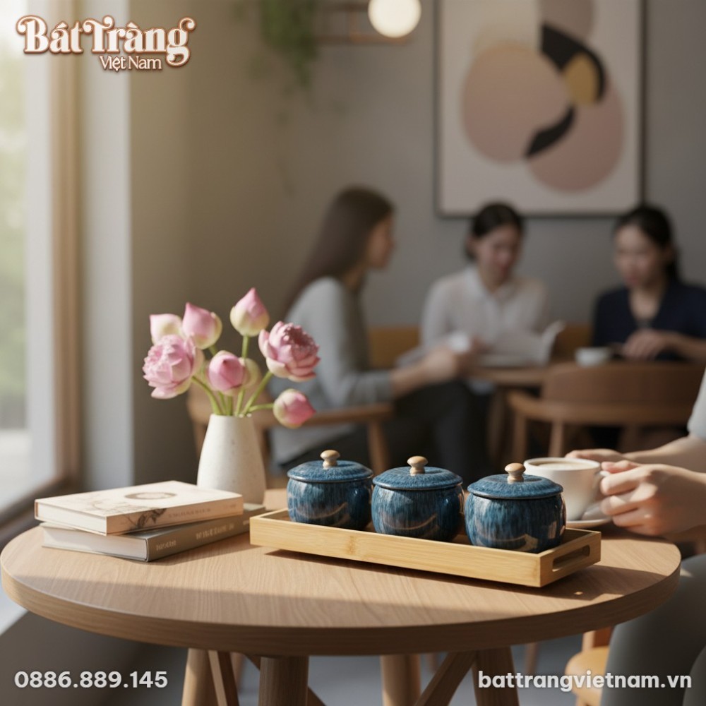 Khay mứt sứ Bát Tràng men hỏa biến xanh tinh xả...