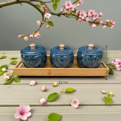 Kích thước Khay mứt sứ Bát Tràng men hỏa biến xanh - Set 3 hũ mứt kèm khay gỗ