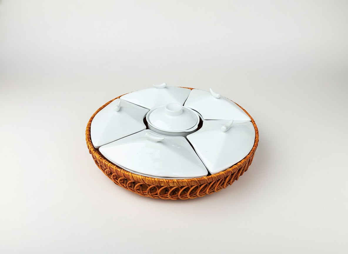 Khay Mứt Sứ Trắng 7 Ngăn Kèm Khay Mây Tre Đan Cao Cấp