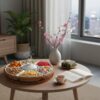 Khay mứt sứ trắng 7 ngăn kết hợp khay mây tre đ...