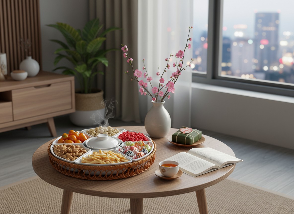 Khay mứt sứ trắng 7 ngăn kết hợp khay mây tre đ...