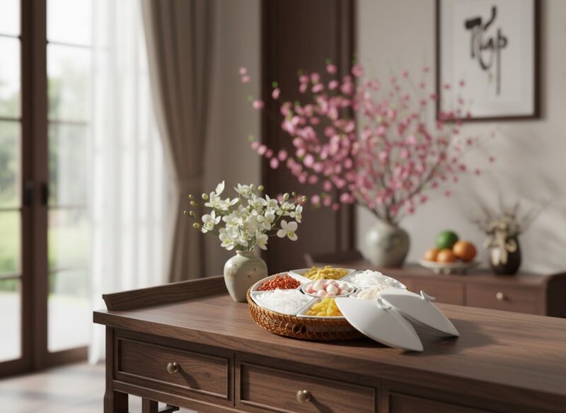 Một khay mứt sứ trắng 7 ngăn tinh tế đặt trên b... Một khay mứt sứ trắng 7 ngăn tinh tế đặt trên b...