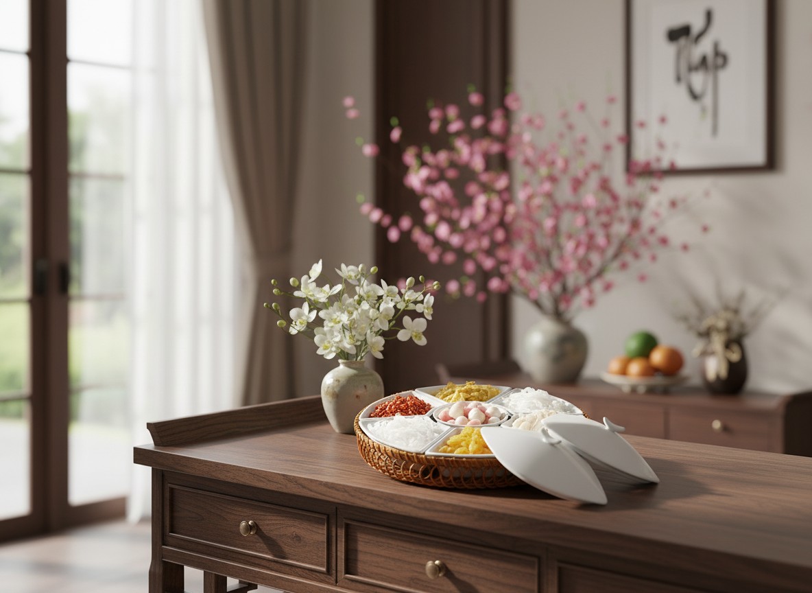 Một khay mứt sứ trắng 7 ngăn tinh tế đặt trên b...