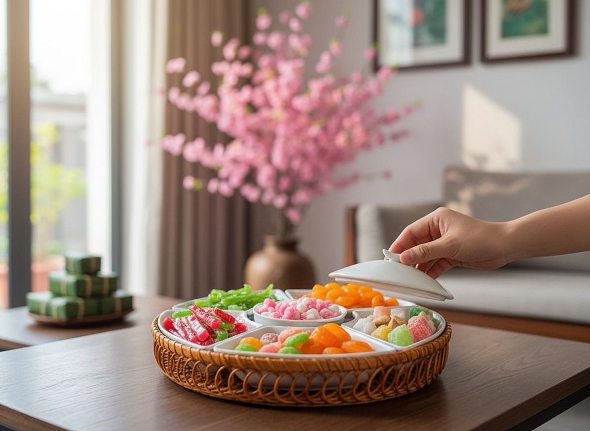 Một khay mứt sứ trắng cao cấp trên bàn trà gỗ t...