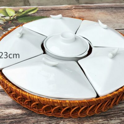 Kích thước Khay Mứt Sứ Trắng 7 Ngăn Kèm Khay Mây Tre Đan Cao Cấp