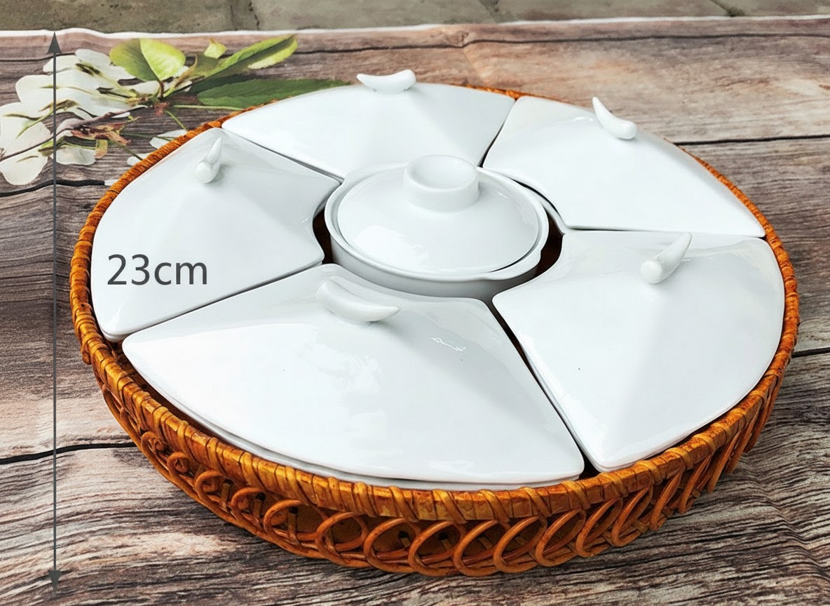 Kích thước Khay Mứt Sứ Trắng 7 Ngăn Kèm Khay Mây Tre Đan Cao Cấp